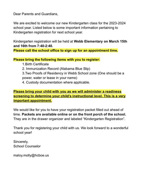 Kindergarten Registration Information 