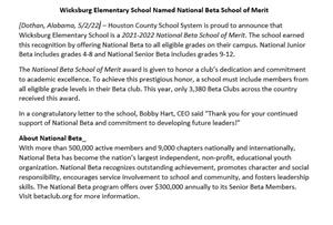 Wicksburg elementary school named national beta school of Merit