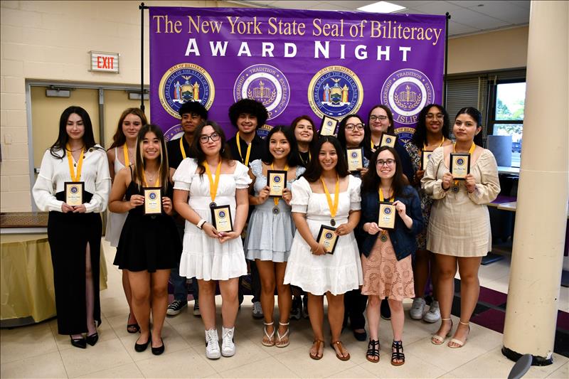 Photograph of Islip High School students who received the NYS Seal of Biliteracy in 2024