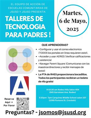 Parent Tech workshop 9-10:30pm rhe & cms 5:30-7pm