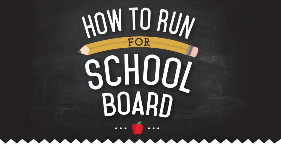 Graphic that says "How to Run for School Board" written on a black chalkboard