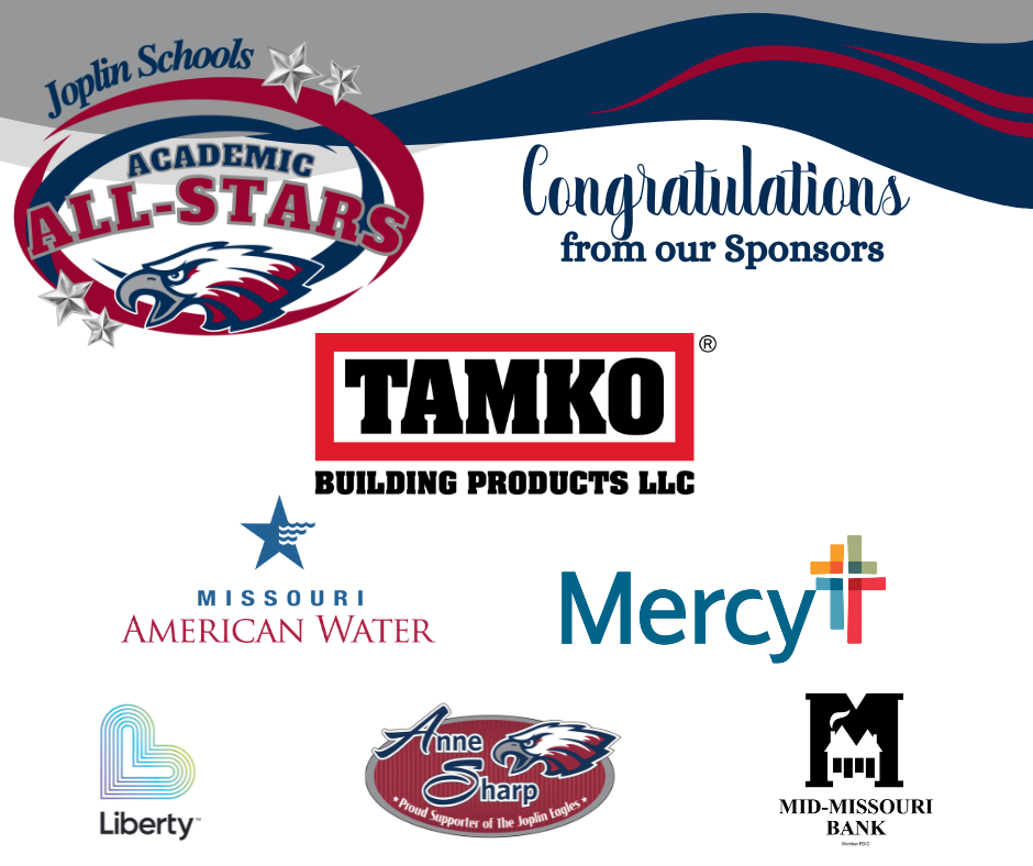 Graphic thanking sponsors, with logos for each: Tamko Building Products LLC, Missouri American Water, Mercy, Liberty Utilities, Anne Sharp, and Mid-Missouri Bank