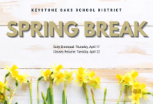 Spring Break begins April 17 with an early dismissal; classes resume April 22