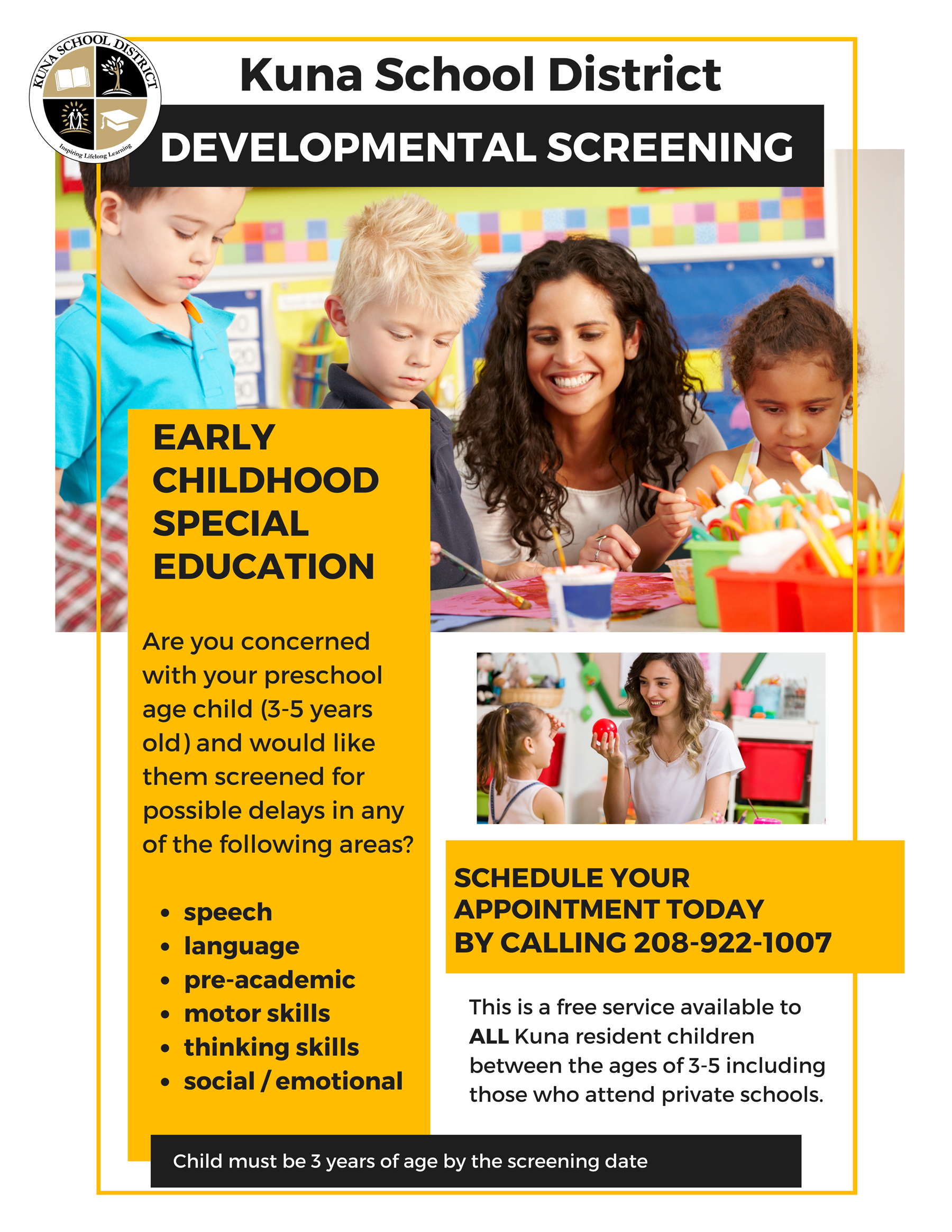 KSD Developmental Screening flyer - Make an appointment by calling 208-922-1007