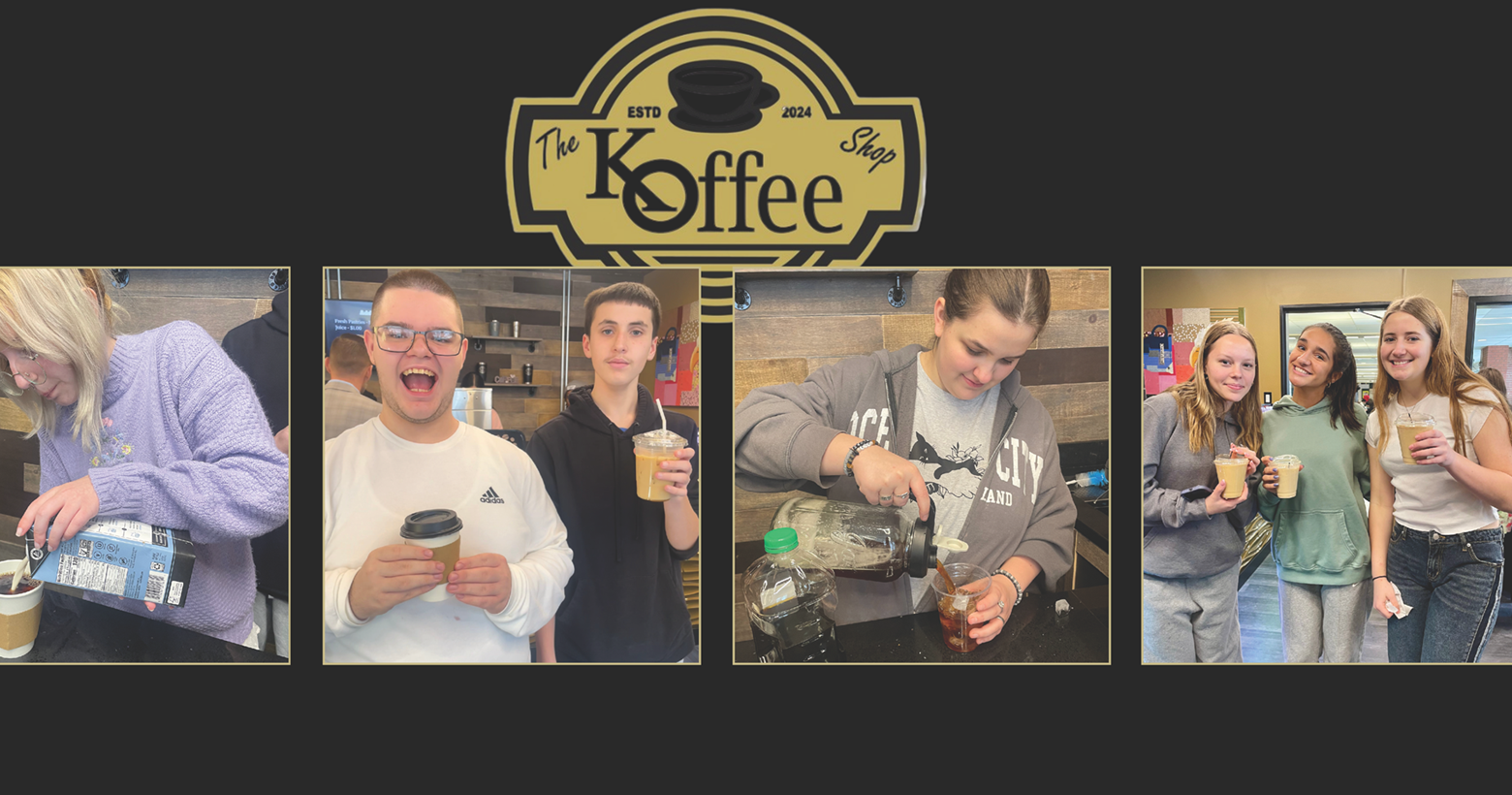 The KOffee Shop logo with four images of students in the coffee shop