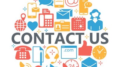 Clipart of phones, email, clocks and the text "Contact Us."