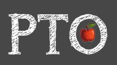 Chalkboard with "PTO" written on it. A red clipart apple is in the "O".