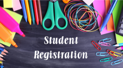 Chalkboard table reads "School Registration" with school supplies scattered.