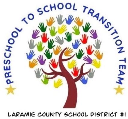 photo of tree with kids handprints as leaves with the words that say preschool to school transition team