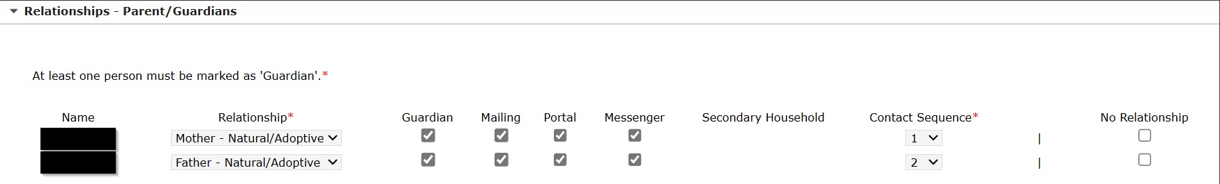 Relationships - Parent/Guardians. At least one person must be marked as 'Guardian'.