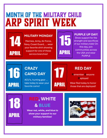 Month of the Military Child - Arp Spirit week, follow the link to view a PDF document of this information