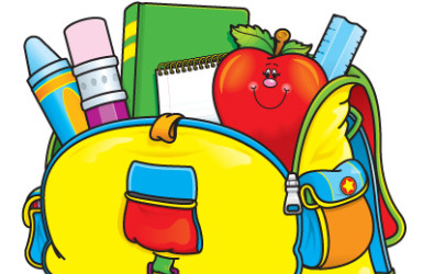 Cartoon of school supplies in a backpack.