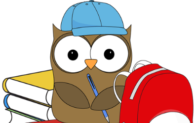 Cartoon of a smart owl and his school books.