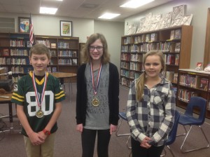 Longfellow/LDI Spelling Bee 2016 Winners, Ben Manske, 2nd Place, Sydney Heise, 1st Place Winner, Kiara Garves, Alternate