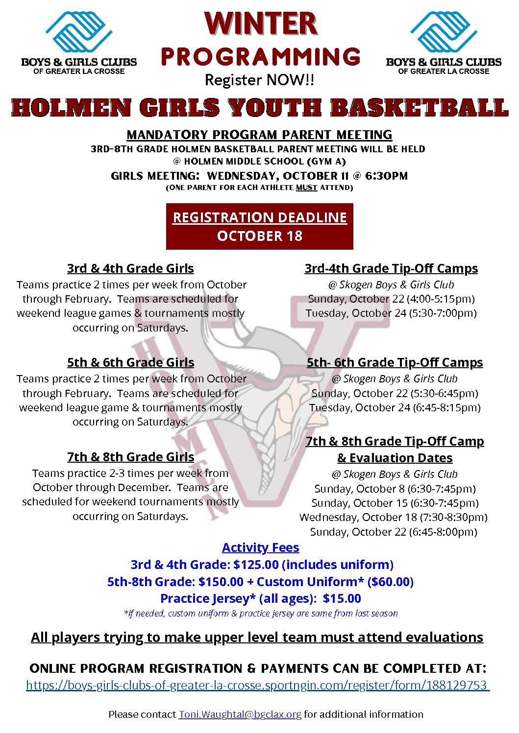 Winter Programming – 3rd-8th Grade Holmen Youth Girls Basketball