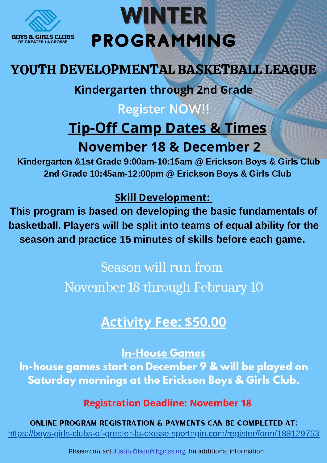 Winter Programming – K-2nd Grade Youth Developmental Basketball