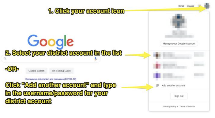 Click your account icon, select district, click Add another account