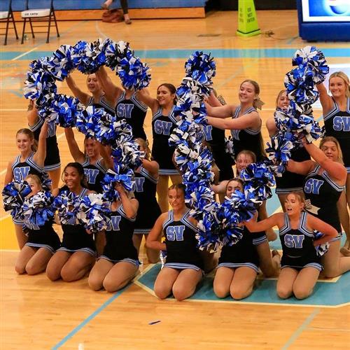 cheerleaders make S V with pompoms