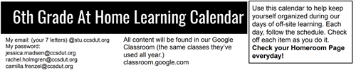 6th Grade At Home Learning Calendar 