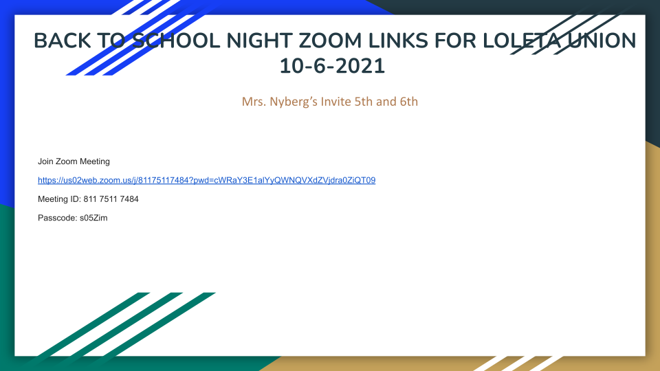 Mrs. Nyberg’s Invite 5th and 6th Join Zoom Meeting https://us02web.zoom.us/j/81175117484?pwd=cWRaY3E1alYyQWNQVXdZVjdra0ZiQT09 Meeting ID: 811 7511 7484 Passcode: s05Zim
