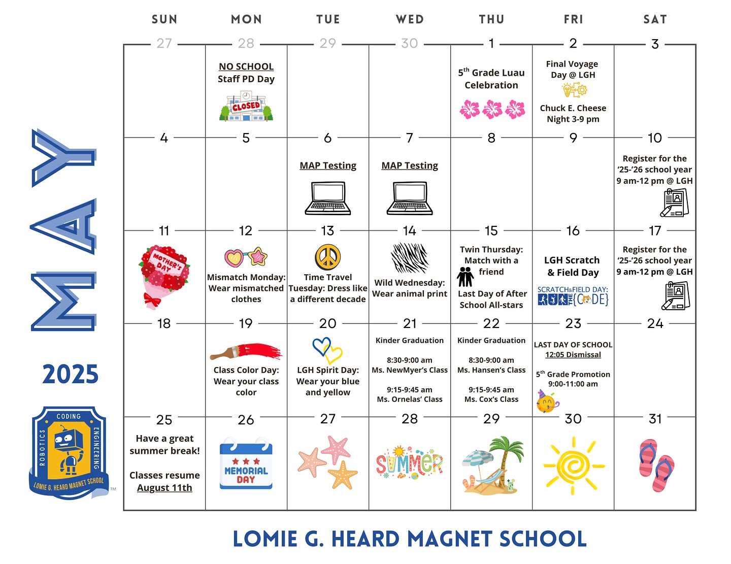 🌼 May is almost here! 🌼

Check out our LGH Calendar of Events – we’ve got a month full of exciting activities ahead! 🎉

📄 Paper copies will be sent home with learners this week.
👉 Swipe for Spanish! 📅
