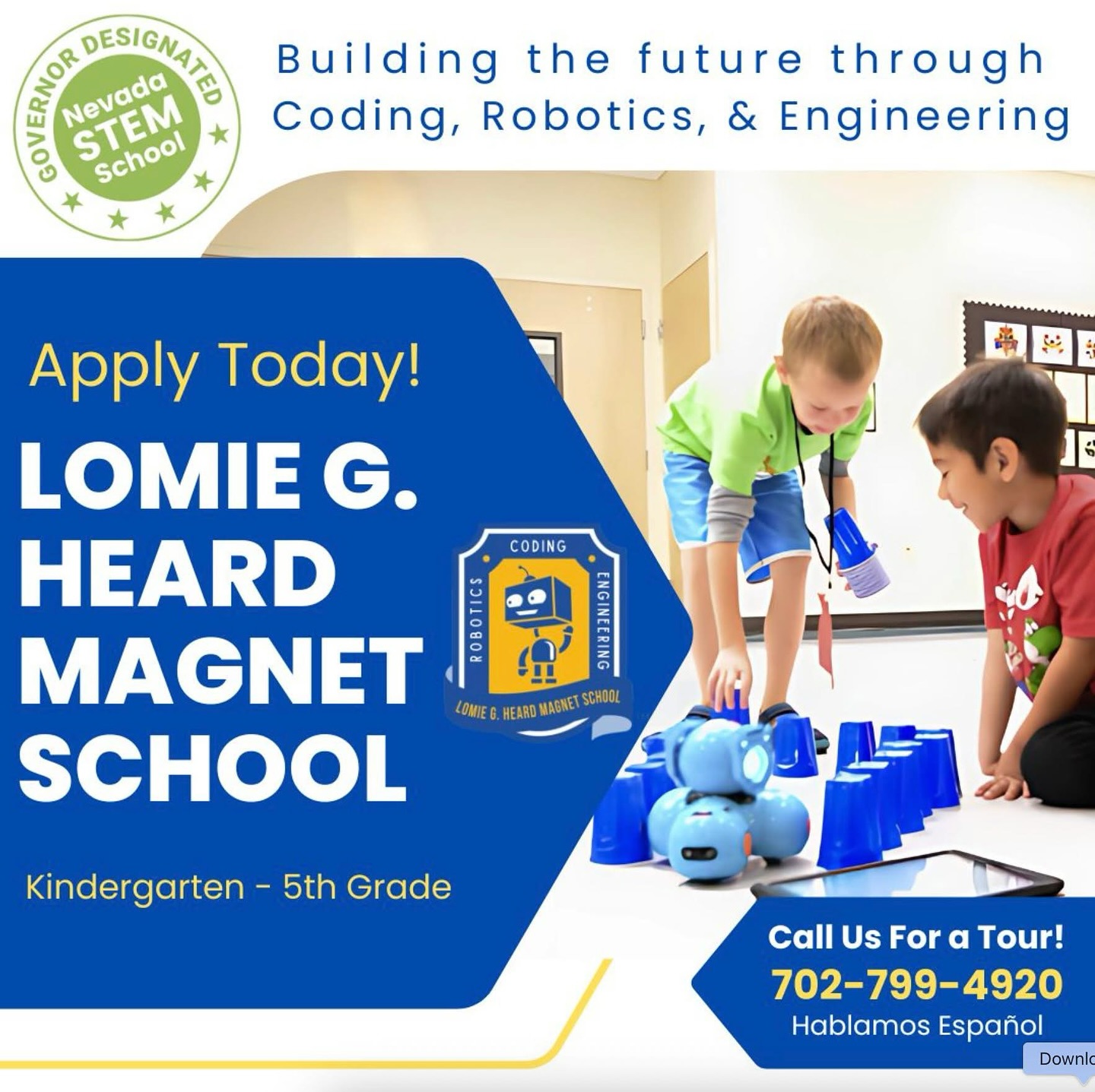 📣 One Final Week to Apply! 📣
If you’re interested in having your student attend Lomie G. Heard Magnet School for the 2025–2026 school year, apply today at magnet.ccsd.net! 📝✨
🏆 2025 Magnet School of Excellence – Magnet Schools of America
🌟 Nevada Governor-Designated STEM School
💻 1:1 Chromebooks for Every Student
🤖 Coding & Robotics for All Students
🛠 Project-Based Learning Across All Grades
Seats are limited—don’t miss your chance! 🎓
