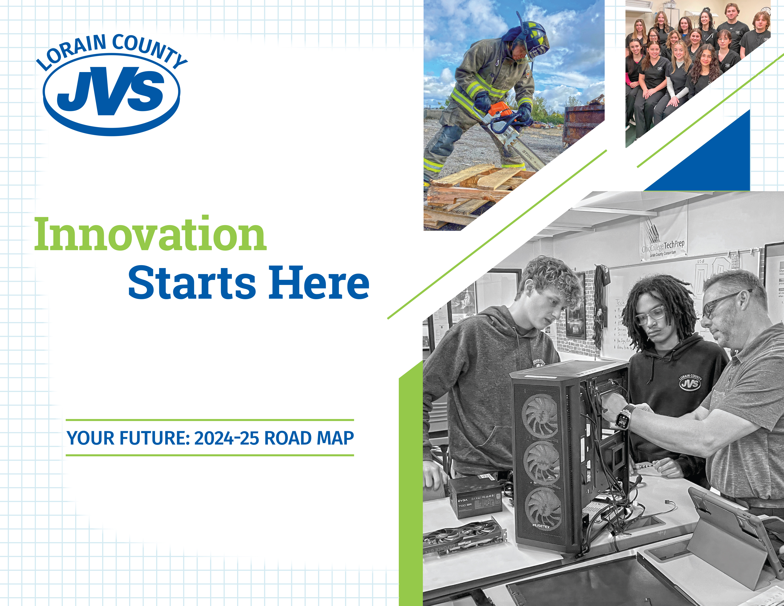 Innovation Starts Here - three photos, public safety student,tech students, nursing students