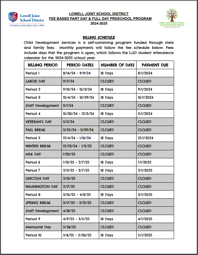 billing schedule