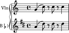 \new GrandStaff <<
\new Staff = "violin" \with {
instrumentName = "Vln"
midiInstrument = "violin"
}
\relative c'' {
% not strictly necessary, but a good reminder
\transposition c'
\key c \major
g4( c8) r c r c4
}
\new Staff = "clarinet" \with {
instrumentName = \markup { Cl (B\flat) }
midiInstrument = "clarinet"
}
\relative c'' {
\transposition bes
\key d \major
a4( d8) r d r d4
}
>>