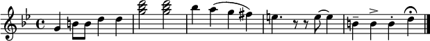\transpose c g \relative c'{
\key c \minor
\time 4/4
c4 e8 e g4 g % (text after the % is just a comment)
<c es g>2 <c es g> % angle brackets create chords
es4 d( c b) % parentheses create slurs
a4. r8 r8 a8 ~ a4 % r creates rests; ~ creates ties
e-- e-> e-. g\fermata % accents and other signs
\bar "|."
}
% This is just a comment line.