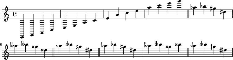 {
a,, c, e, a, c e a c' %Middle C
e' a' c'' e'' a'' c''' e''' g''' \bar "||"
aes'' bes'' gis'' dis'' aeses'' beses'' gisis'' disis'' \bar "||"
aeh'' beseh'' gih'' disih'' \bar "||"
\language "english"
af'' bf'' gs'' ds'' aff'' bff'' gss'' bx'' \bar "||"
aqf'' btqf'' gqs'' dtqs''
}