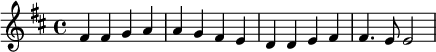 \relative c' {
\key d \major
fis4 fis g a a g fis e d d e fis fis4. e8 e2 }