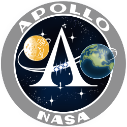 The letter "A" printed with a depiction of a trans-lunar trajectory streaking across; the Moon and Earth are depicted on opposite sides of the "A", with Apollo's face outlined on the Moon
