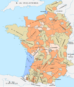 a map of France showing only a small part of the south-west under English control
