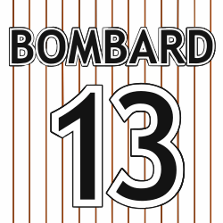 The number "13" with "BOMBARD" above in black lettering set against a white background with dark red pinstripes
