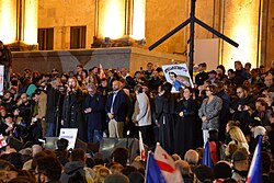 Tinatin Bokuchava (UNM) addressed the crowd at the protest on 28 October 2024 at Parliament of Georgia