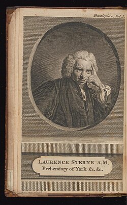 Bust of Sterne smirking, copied from the Reynolds portrait. The caption reads, "Laurence Sterne A.M. Prebendary of York &c. &c."