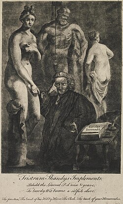 Sterne smirking (as in his famous portrait by Reynolds), surrounded by two nude statues of Aphrodite and one of Hercules. The penis of the Hercules statue is being lifted into an erection by a string tied to the ceiling. Sterne points at a book labeled "Yorick's Sermonds".