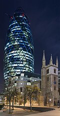 Image 530 St Mary Axe, London, widely known by the nickname "The Gherkin", and occasionally as a variant on The Swiss Re Tower, after its previous owner and principal occupier. Swiss Re is the world’s second-largest reinsurance company.