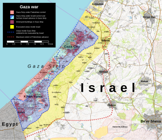 Map of the Gaza Strip and part of Israel. The part of Israel surrounding the Strip is marked as evacuated. Some parts of the Strip is marked as under Israeli control, and the remainder is marked as under Hamas control.