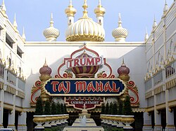 The entrance of the Trump Taj Mahal, a casino in Atlantic City. It has motifs evocative of the Taj Mahal in India.