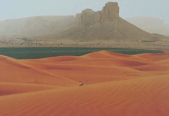 The Nafud desert on the outskirts of Riyadh with the Jabal Tuwaiq in the background