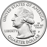 Silver coin with profile of Washington bust. He faces left regally and wears a colonial-style queue in his hair. "UNITED STATES OF AMERICA" is at top, "QUARTER DOLLAR" at bottom, "LIBERTY" at left, and "IN GOD WE TRUST" above "P" at right. Just below the bust is "JF uc" in tiny letters.