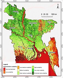 বন্যা আশ্রয়কেন্দ্রের নির্মাণের জন্য উপযুক্ত এলাকা দেখানো বাংলাদেশের একটি মানচিত্র