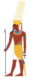 Full-length profile of man in ancient Egyptian clothing. He has red-brown skin and wears a helmet with tall yellow plumes.