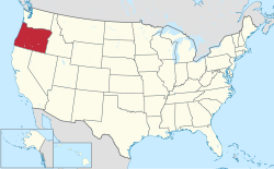 A map of the United States with Oregon near the northwest (top left) corner highlighted in red