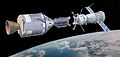 Image 128An artist impression of an American Apollo spacecraft and Soviet Soyuz spacecraft docking, a propaganda portrait for the Apollo–Soyuz Test Project mission (from 1970s)