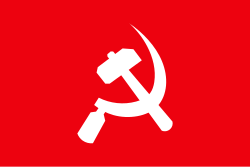 White hammer and sickle on red background.