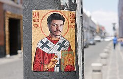 A sticker of Pascal on a post near Puebla Cathedral in Puebla de Zaragoza, Mexico
