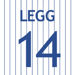 The number "14" with "LEGG" above in blue lettering set against a white background with blue pinstripes